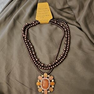 Chocolate Beaded Necklace with Orange Gemstone Pendant